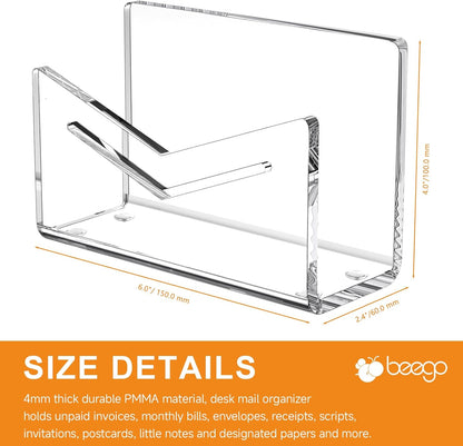 Beego Envelope and Mail Organizer Countertop - Clear Acrylic Desk Organizer Letter Holder Desktop File Sorter Bill Document Folder Rack for Office, Home, School Desk Organization