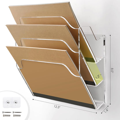 Wall Hanging File Folder Organizer for Desk, 3-Tier Acrylic Magazine Rack Wall Mount File Holder, Clear Paper Document Office Organizer - 1 Pack