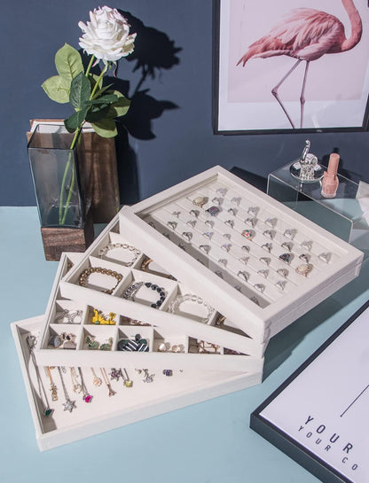 Coward Stackable Jewelry Trays Organizer Set with Clear Lid, Trays for Drawer, Earring Necklace Bracelet Ring Display Organizer (beige(ring+12girds+30girds+The glass lid))