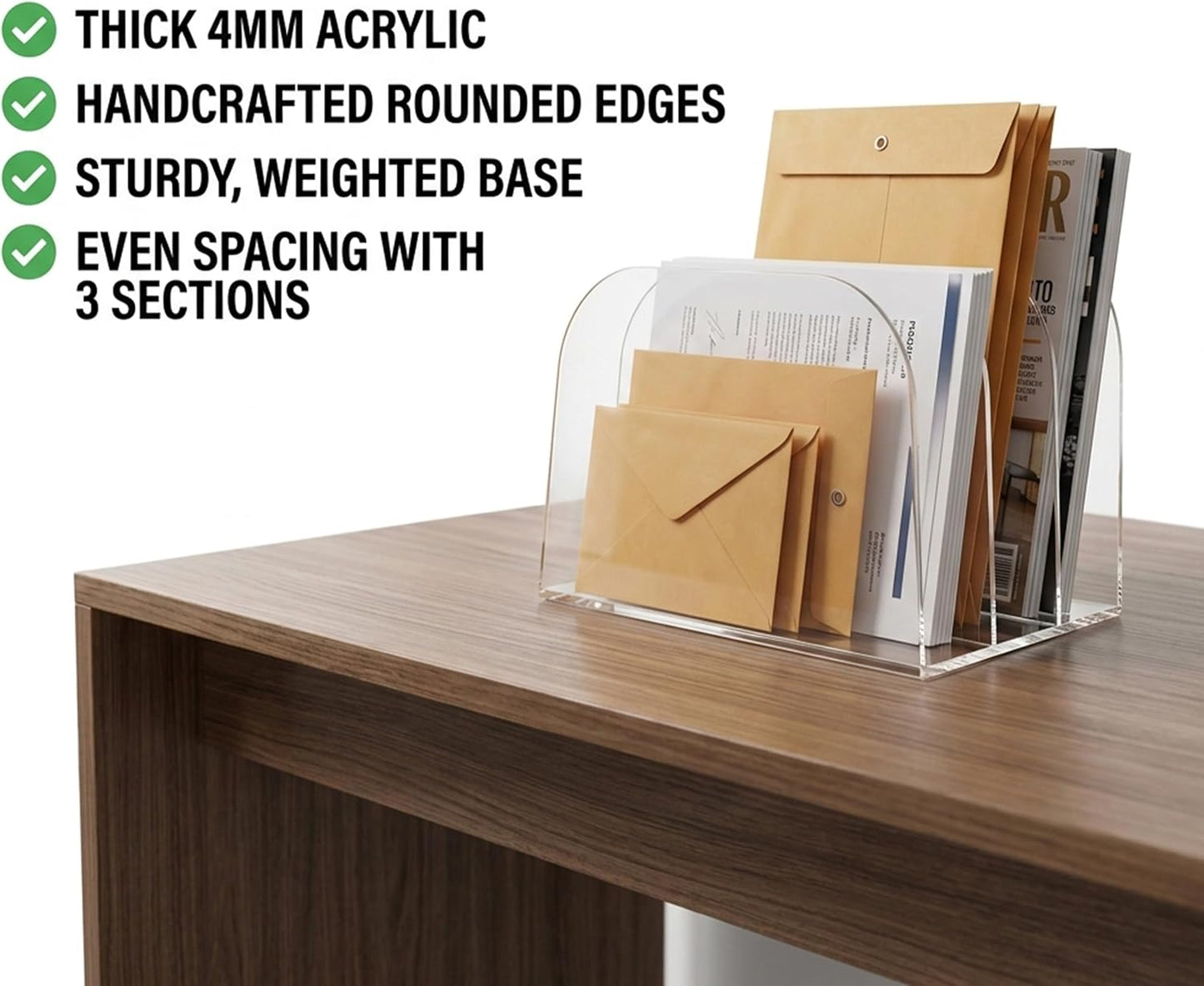 Acrylic File Organizer for Desk, German-Standard Cast PMMA, Polished Edges, Heat-Bent Design—Clear & Stable for Long-Term Use: Home Office, Students, Family Files, Mail & Makeup