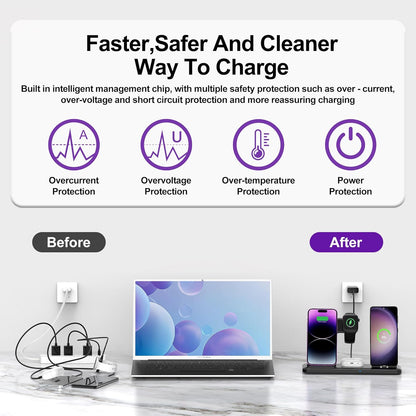 Wireless Charger for iPhone Charging Station, Foldable 4 in 1 Fast Charging for iPhone 16 15 14 13 12 Pro Max Plus, Charger Stand for Apple Watch & Airpods 4 3 2 Pro,for Samsung Series Black