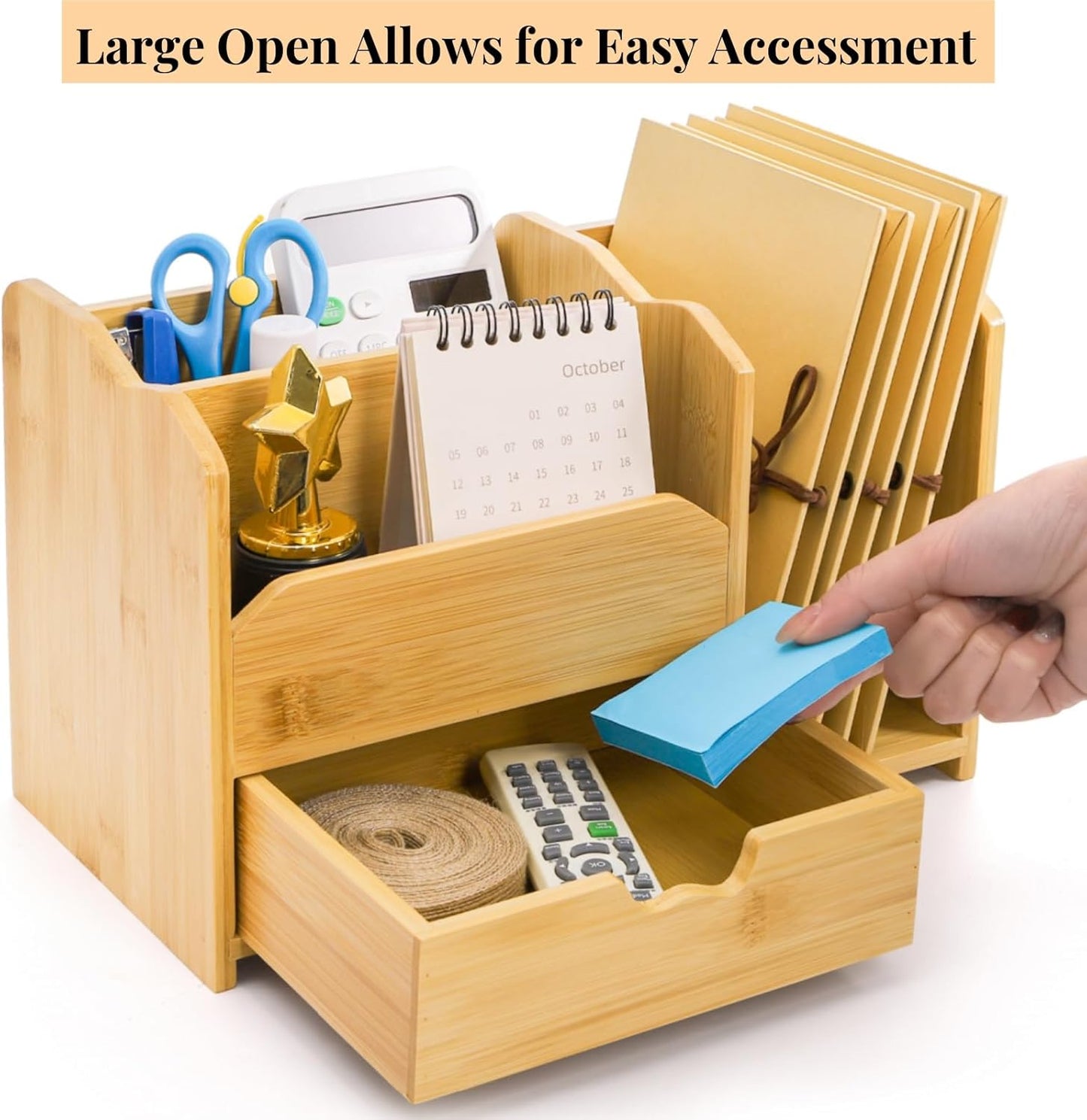 ZAVOOS Bamboo Desk Organizer, Multi Use Tabletop Storage Office Supplies with Drawer Pen Holder, 5 Compartments Heavy Duty Desk Accessories for Home Office Organization, No Assembly Required