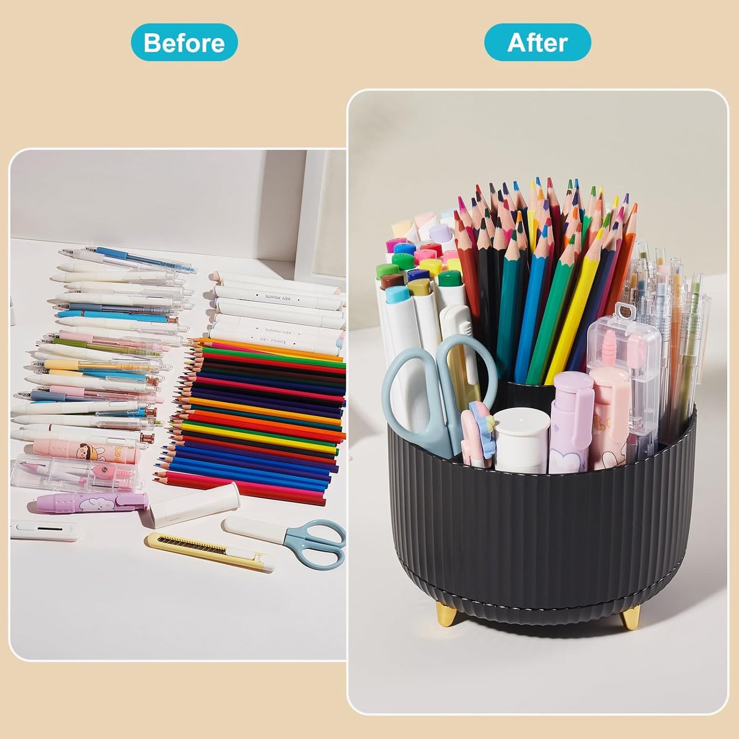 Desk Pencil Pen Holder, 5 Slots 360 Degree Rotating Pencil Pen Organizers for Desk Desktop Storage Stationery Supplies Organizer Cute Pen Cup for Office School Home Art Supply Cream Yellow