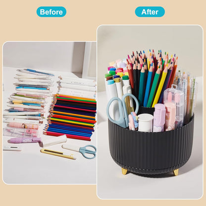 Desk Pencil Pen Holder, 5 Slots 360 Degree Rotating Pencil Pen Organizers for Desk Desktop Storage Stationery Supplies Organizer Cute Pen Cup for Office School Home Art Supply Cream Yellow