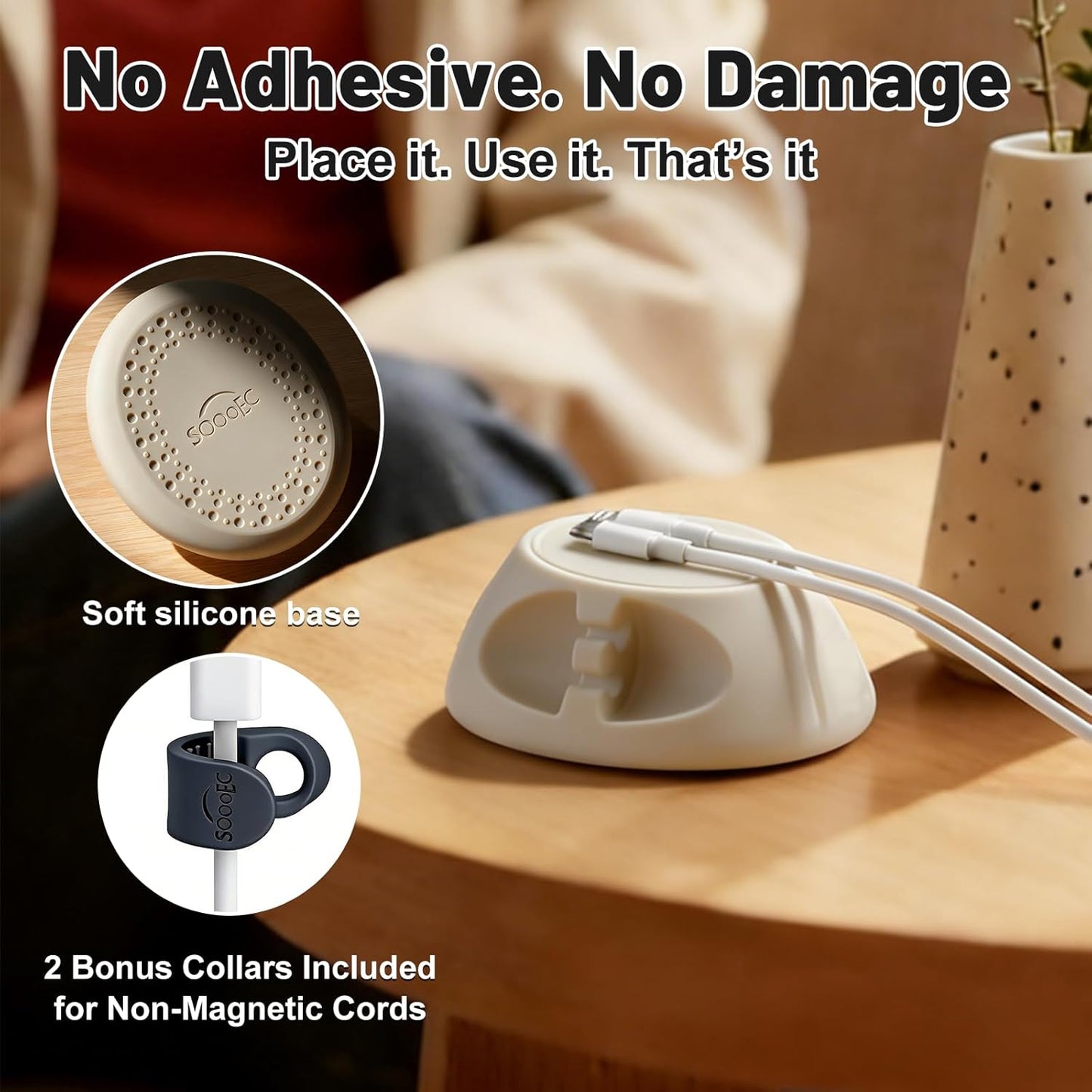 SOOoEC [N52 Ultra-Strong Snap-On Magnetic Cord Holder, Weighted Desktop Cable Organizer, Premium Liquid Silicone, No Collars Needed for iPhone & USB-C, Dual-Side Slots, Beige