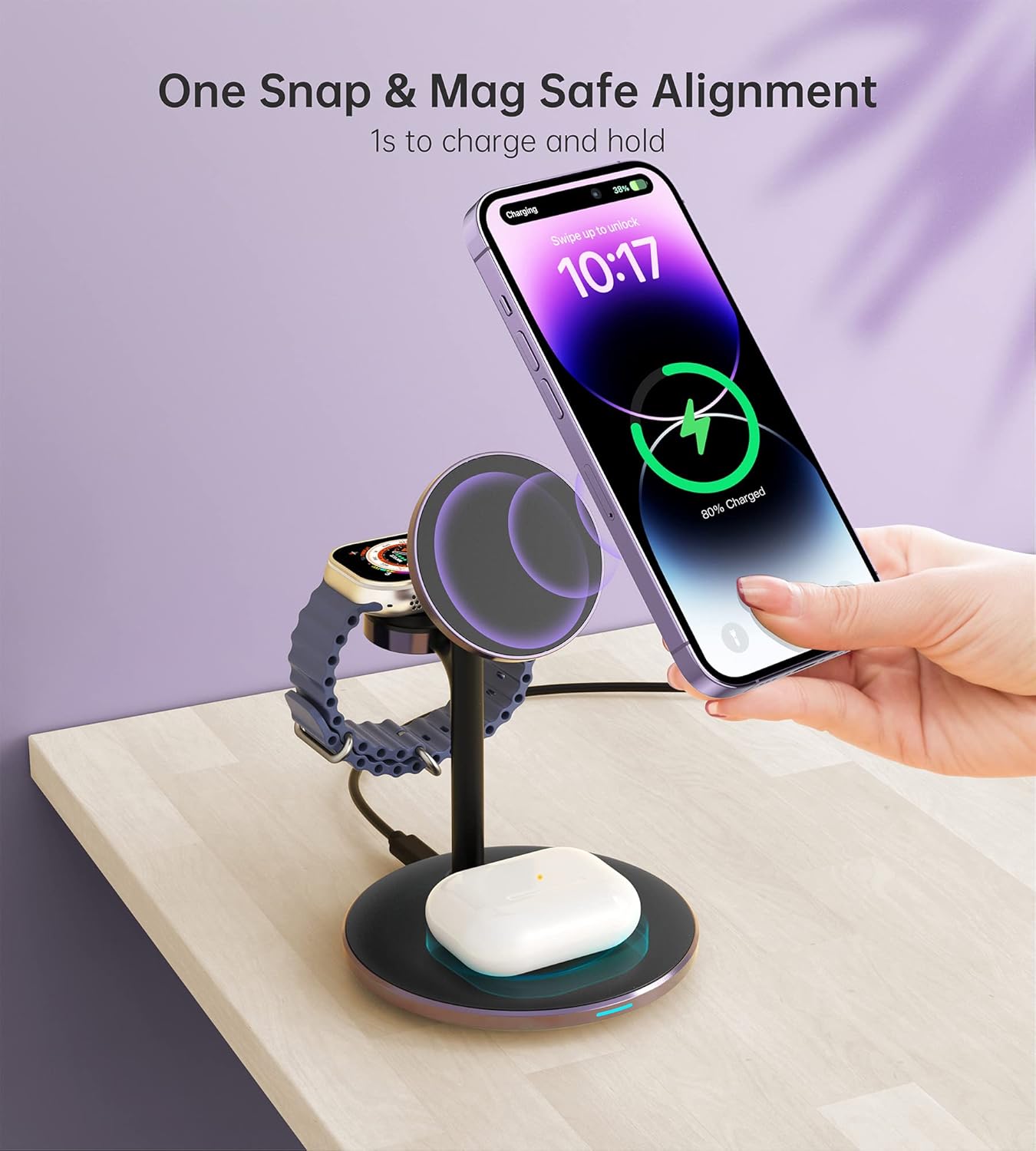 XooFly 3 in 1 Wireless Charging Station for Apple Devices, Fast Wireless Mag-Safe Charger Stand with 20W Adapter for iPhone 17 16 15 14 13 12 Pro Max/Air/Plus/Pro,iWatch,AirPods-Gift for Wife&Husband