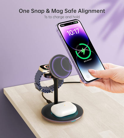 XooFly 3 in 1 Wireless Charging Station for Apple Devices, Fast Wireless Mag-Safe Charger Stand with 20W Adapter for iPhone 17 16 15 14 13 12 Pro Max/Air/Plus/Pro,iWatch,AirPods-Gift for Wife&Husband
