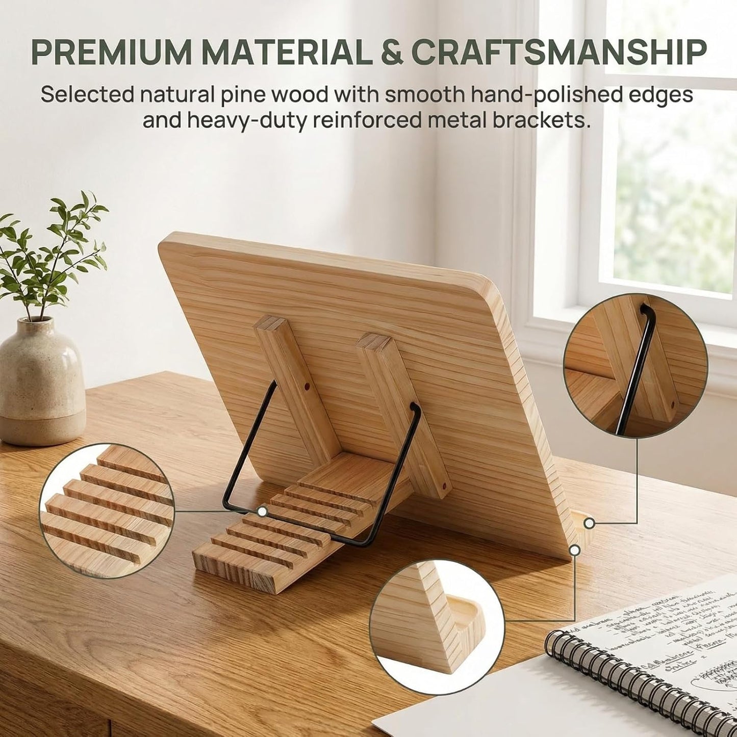 Reading Rack Wooden Bookshelf - Book Stand Foldable with 8 Adjustable Positions and Page Clips,Suitable for cookbooks、iPads、laptops、Sheet Music、and Reading Stands (11x7.9inch)