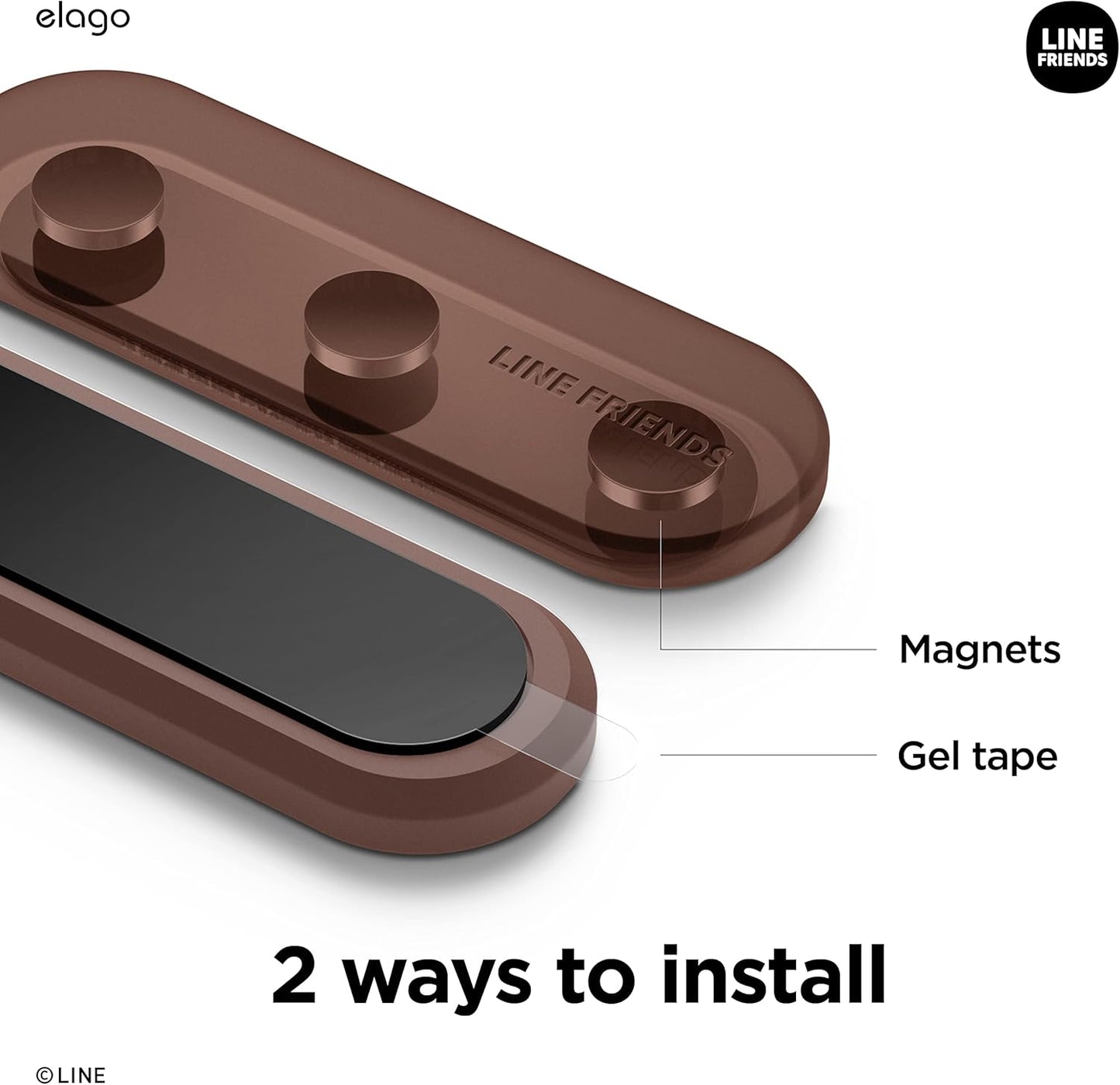 elago | LINE Friends Magnetic Cable Management Buttons, Organize 3 Cables, Powerful Magnets, Reusable Sticker Attaches to Surface, Desk Organization (Brown)