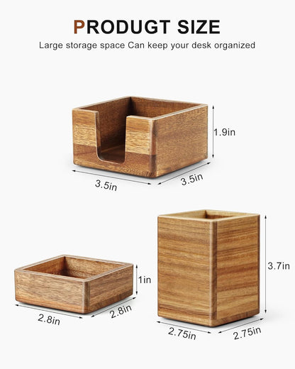 Acacia Wood Desk Organizer Set with Sticky Note Holder, Pencil Pen Cup & Paper Clip Storage, Office Desk Accessories for Marker Craft (Set of 3)
