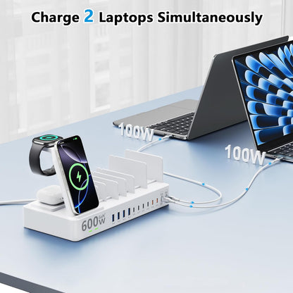 600w Charging Station for Multiple Devices, 15 in 1 Wireless Charging Station for Apple, Dual 100w USB C Tablet Charging Station for MacBook,iPhone,iPad,Tablet(Black)