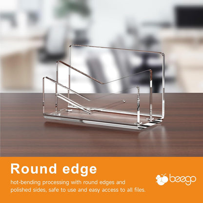 Beego Envelope and Mail Organizer Countertop - Clear Acrylic Desk Organizer Letter Holder Desktop File Sorter Bill Document Folder Rack for Office, Home, School Desk Organization