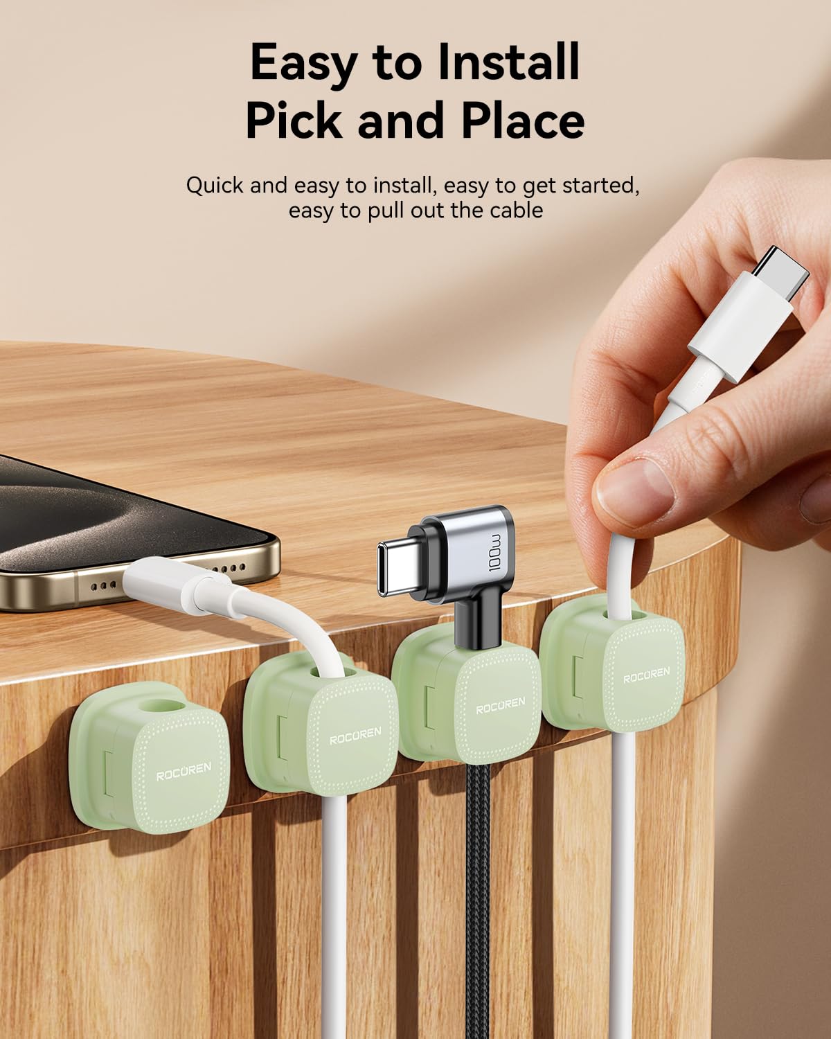 6-Pack Magnetic Cable Clips, Rocoren Smooth Adjustable Adhesive Cord Organizer, Desk Cable Management Wire Holder Keeper Cables Staples for Nightstand Home Office Desk Car Phone Wall Desktop