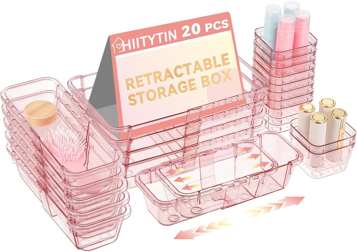 14 Pcs Adjustable Clear Drawer Organizer, Extendable Vanity Storage Bins, Desk Drawer Organizer Set for Makeup, Cosmetics, Bedroom, and Gadgets, Purple