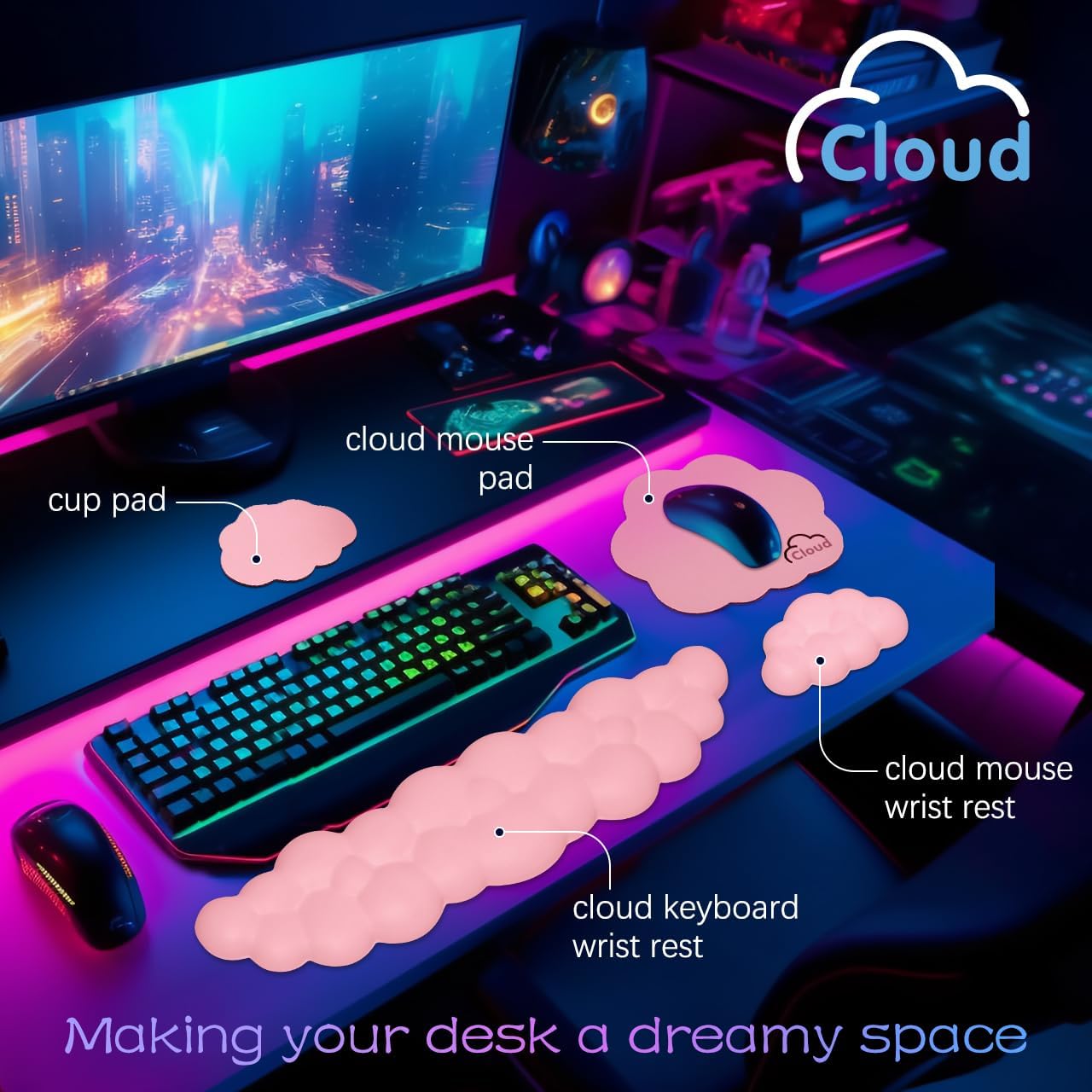 Cloud Wrist Rest Keyboard Palm Rest with Non-Slip Base for Computer Gaming Wrist Rest, YAMJUG Cloud Arm Rest Keyboard Wrist Pad Rainbow