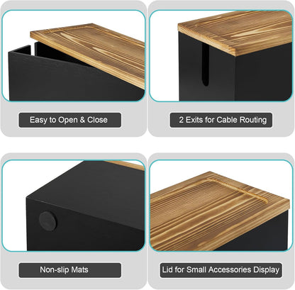Bivvclaz Large Cable Management Box, Wooden Cord Organizer Box for Desk, Floor, Office to Hide Extension Cords Power Stripes Surge Protectors Chargers Wires, Black