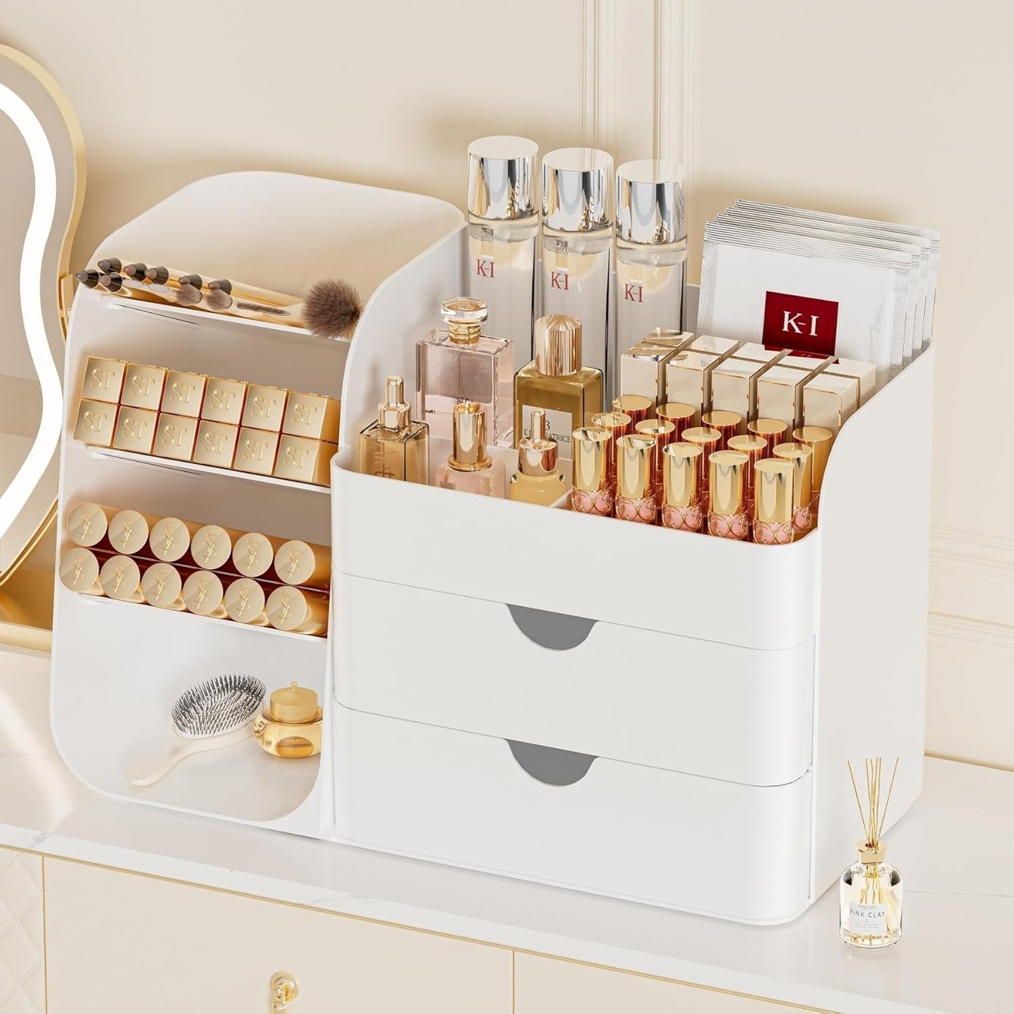 Booklov Makeup Organizer for Vanity, Countertop Cosmetic Display Case with Clear Acrylic Drawers, Bathroom Counter Beauty Caddy, Cute Table Storage Holder for Skincare, Brush Lipsticks, Crystal White