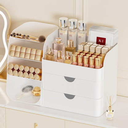 Booklov Makeup Organizer for Vanity, Countertop Cosmetic Display Case with Clear Acrylic Drawers, Bathroom Counter Beauty Caddy, Cute Table Storage Holder for Skincare, Brush Lipsticks, Crystal White