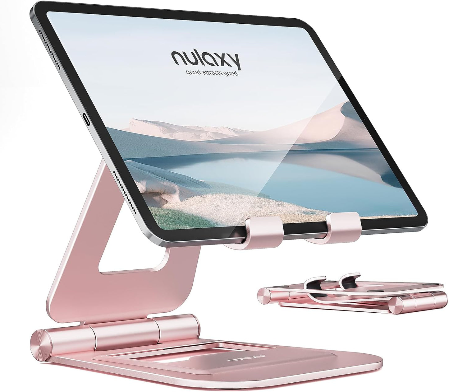 Nulaxy Aluminum Dual Foldable iPad Stand, Fully Adjustable Desktop Tablet Holder, Tablet Accessories for Office Kindle Compatible with Mobile Devices iPad Pro/Air/Mini, iPhone Pro/Max/Plus, Black