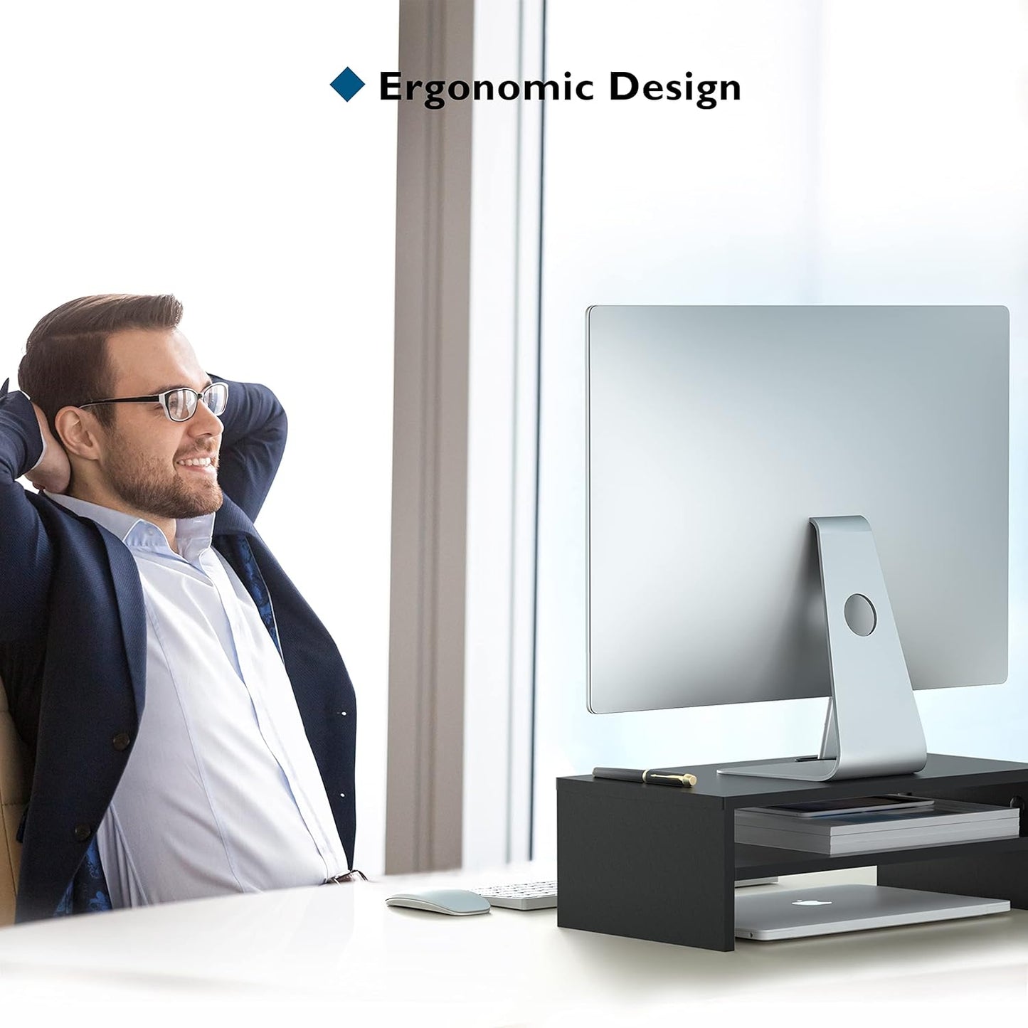 BONTEC Wooden Monitor Stand Riser, 2-Tier Desk Shelf with Storage Organizer, Ergonomic Computer Stand with Cable Management, Cellphone Holder, White, 16.5 Inch