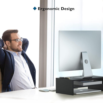 BONTEC Wooden Monitor Stand Riser, 2-Tier Desk Shelf with Storage Organizer, Ergonomic Computer Stand with Cable Management, Cellphone Holder, White, 16.5 Inch