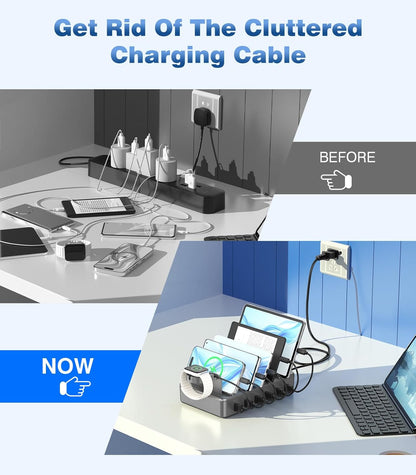 CREATIVE DESIGN Charging Station for Multiple Devices, 50W 6 Ports Charging Dock with 6 Cables Compatible with Cellphone,Tablet, Kindle, Apple Watch and Other Electronic