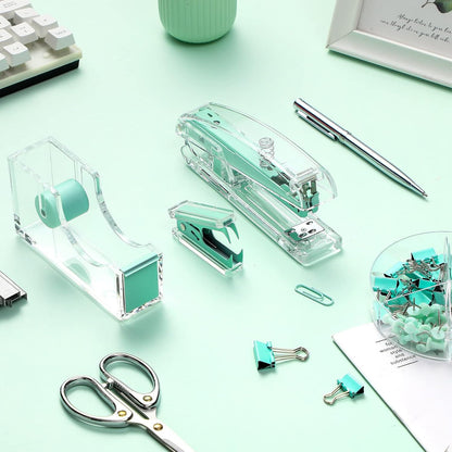 Office Supplies Set Desk Accessory Kit, Acrylic Stapler Set Staple Remover, Tape Dispenser, Binder Clips, Paper Clips, Ballpoint Pen and Scissor with 1000 Pieces 26/6 Staples (Silver)