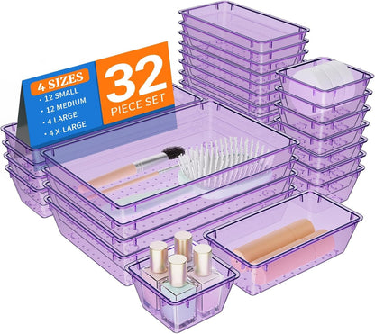 StorMiracle 32 PCS Clear Plastic Drawer Organizer Set, 4-Size vanity organizer Trays and Storage Bins for Makeup, Jewelry and Gadgets in Bedroom, Bathroom and Office, Clear
