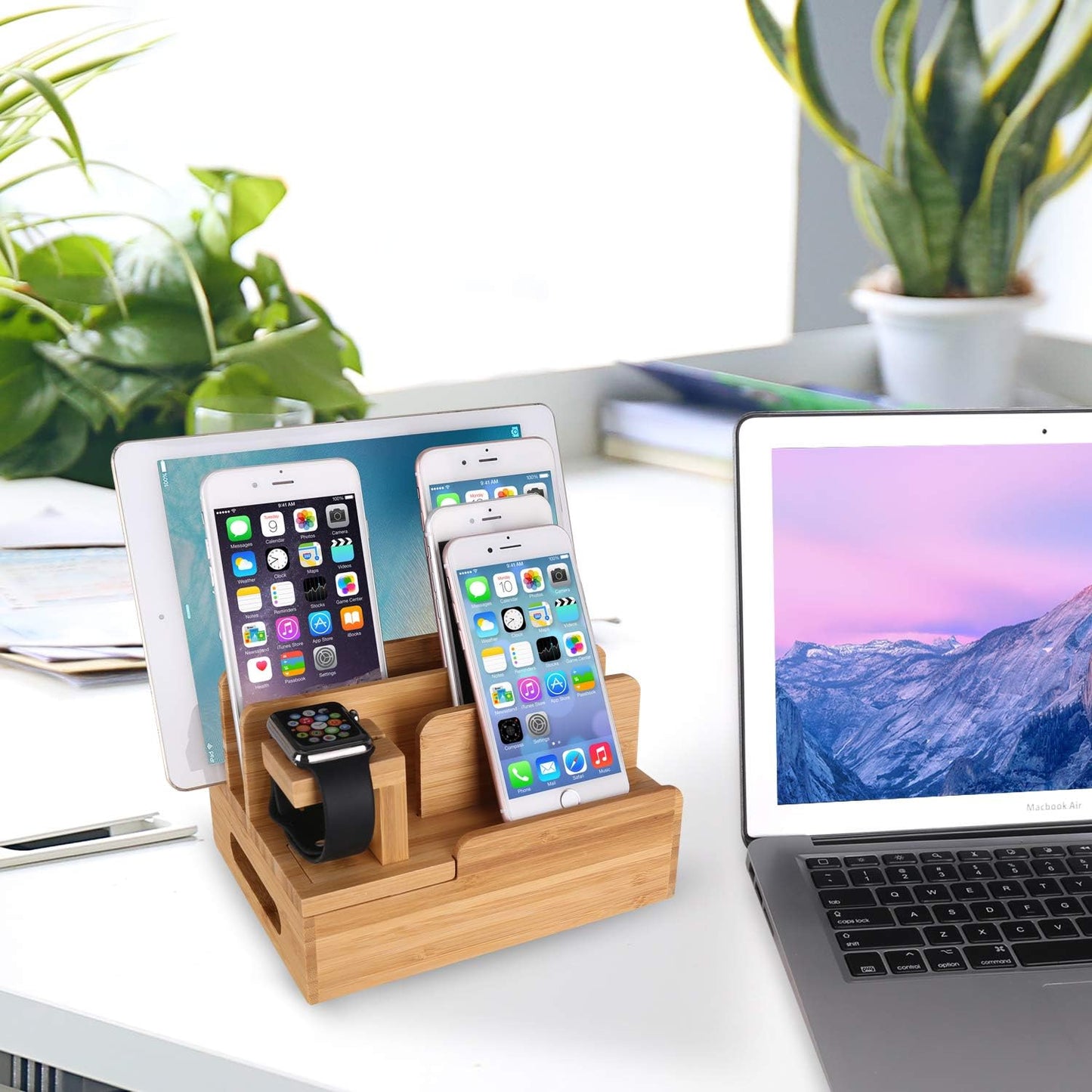 Bamboo Wood Multi-Device Desktop Dock Station Charger Holder Charging Cradle Charge Stand Compatible for iPhone 16 15 14 13 12 11 Pro Max XS XR X iPad 3 4 Mini Pro Air Samsung Huawei Smartphones