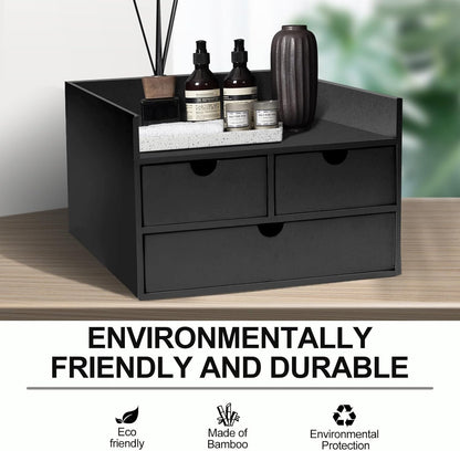 Charmewooden Bamboo Desk Organizer 3 Drawer with Shelf, Countertop Organizer with Drawers Makeup Storage Drawer 3 Drawers Tabletop Storage Organization Box Home Office Workspace（White）