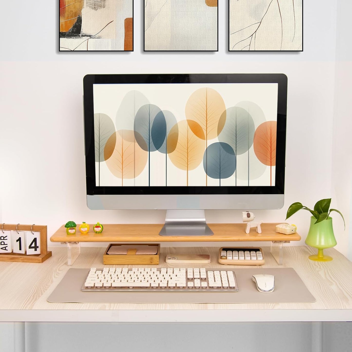 Bamboo Monitor Stand Riser with Acrylic Legs for Desk, 31.5 Inches Desktop Shelf Supports for PC Computer Monitor, Laptops, Printer, Speakers (White)
