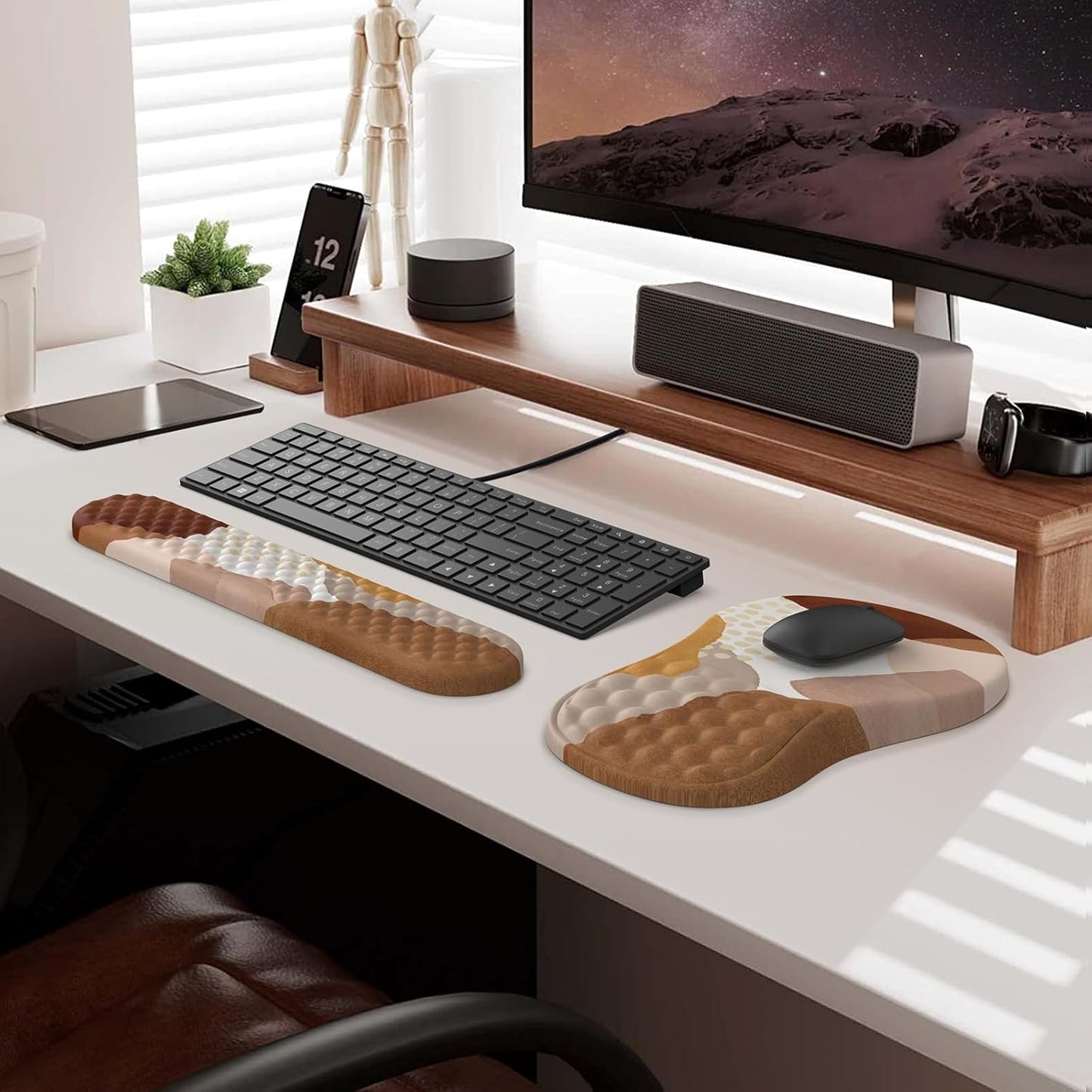 HAOCOO Keyboard Wrist Rest, Ergonomic Mouse Pad with Wrist Rest, 3 in 1 Keyboard and Mouse pad with Coaster Set, Memory Foam Wrist Support, Non-Slip PU Base for Home Office, Rose Gold Pink