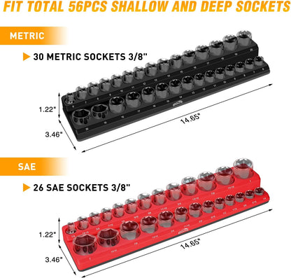 GOOACC 1/4" Magnetic Socket Organizer, 2 Pieces Socket Holder Metric SAE Socket Tray, 1/4 inch Socket Organizer Tray Holds 52 Standard Sockets for Tool Box Drawer