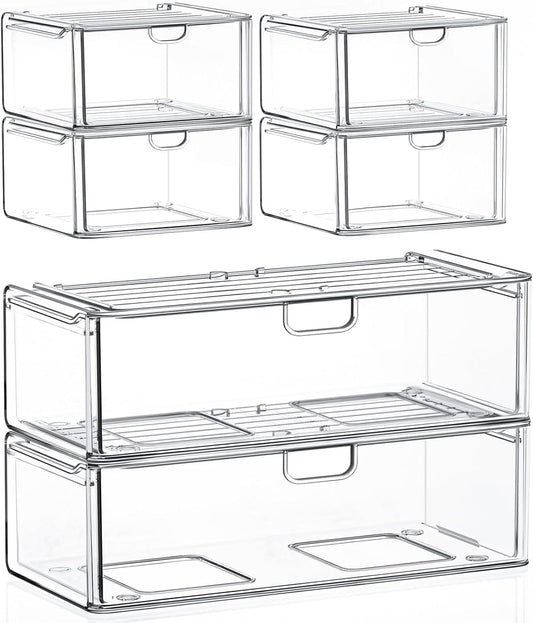 caktraie 6 Pack Small Stackable Stroage Drawers, Acrylic Bathroom Makeup Organizer, Plastic Storage Bins For Vanity, Undersink, Kitchen Cabinets, Pantry, Home Organization