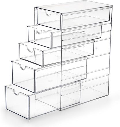 Hipiwe Plastic Drawer Organizer Clear Desktop Drawers Box with 6 Pull Out Drawer Compact Storage Box for Cabinet Vanity Bathroom Bedroom Pantry Shelf Office Closet Organization