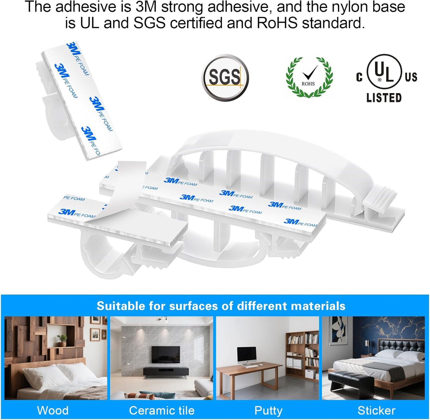 XHF 100pcs Adhesive Cable Wire Clips Black, Outdoor Cable Management Wire Organizer Cord Holder for Under Desk, Car, Wall, TV PC Ethernet Cable