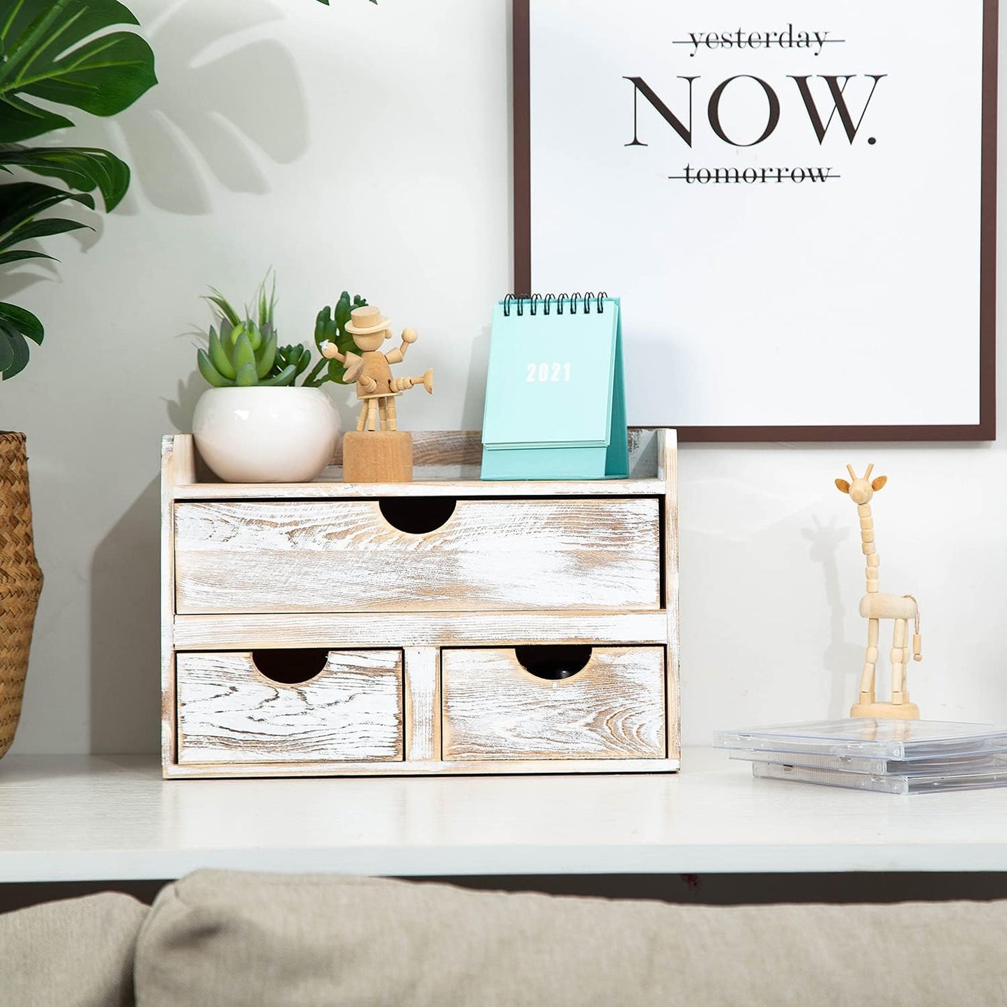 Rustic Distressed white 3-Tier Bamboo Desk Organizer with 3 Drawers Mini Storage Shelf For Desk, Toiletries Vanity Office Supplies (bamboo)