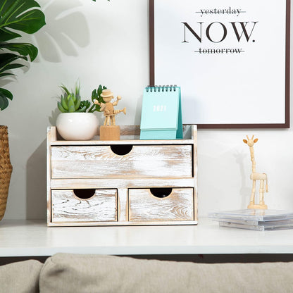Rustic Distressed white 3-Tier Bamboo Desk Organizer with 3 Drawers Mini Storage Shelf For Desk, Toiletries Vanity Office Supplies (bamboo)