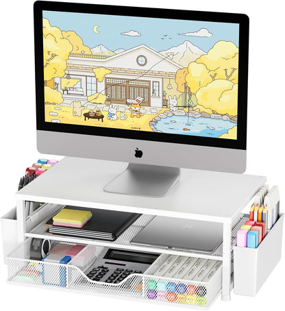 OPNICE Desk Organizers and Accessories, Computer Monitor Stand Riser with Drawer and 2 Pen Holders, Printer & Laptop Stand, Office Desk Accessories & Workspace Organizers for Home Office Supplies, Black