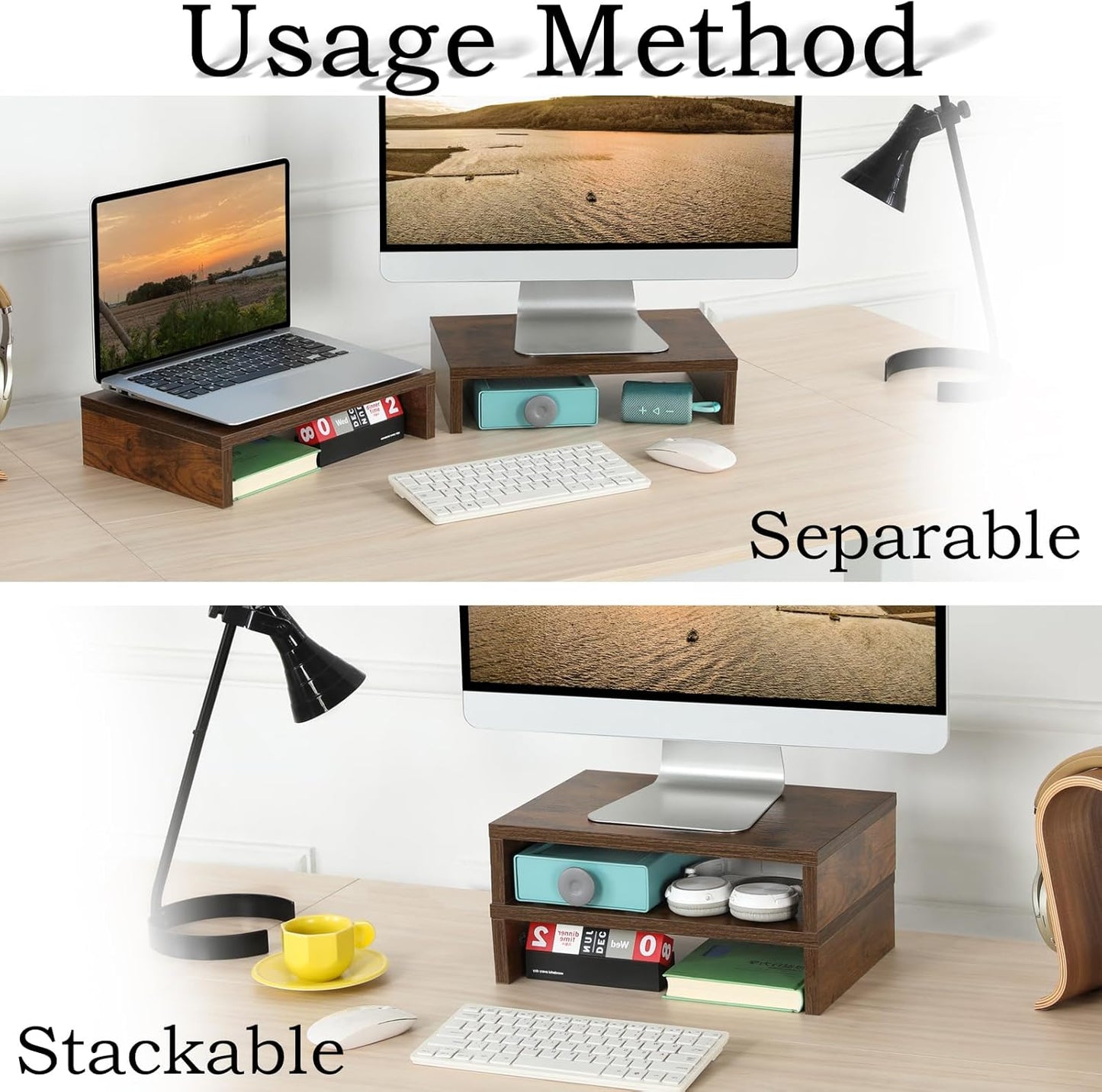 TEAMIX Wood Monitor Stand Riser-2 Pack, 2 Tier Adjustable Monitor Stand Dual Monitor Riser for 2 Monitors/Laptop/PC Black Computer Stand for Desk