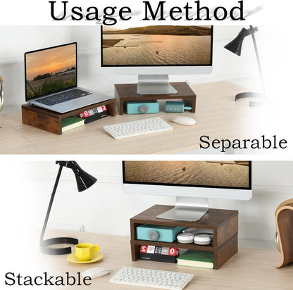 TEAMIX Wood Monitor Stand Riser-2 Pack, 2 Tier Adjustable Monitor Stand Dual Monitor Riser for 2 Monitors/Laptop/PC Black Computer Stand for Desk