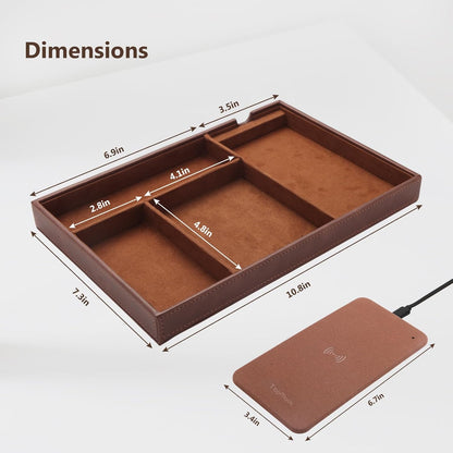 TopMade Valet Tray with Wireless Charging Pad Nightstand Organizer, Leather Desktop Storage Dresser Organizer Charging Station, Jewelry Box Catchall Bedside Vanity Tray for Men Women(Brown)