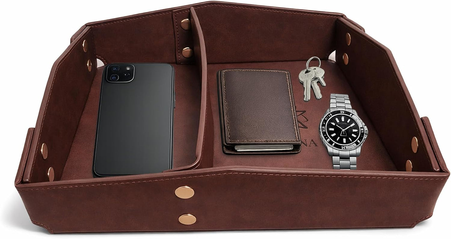 Valet Tray Organizer for Men & Women - PU Leather Catch All Tray with Removable Divider - EDC Storage for Keys, Watch, Phone - Nightstand, Dresser & Desk Organizer - Pacific Navy
