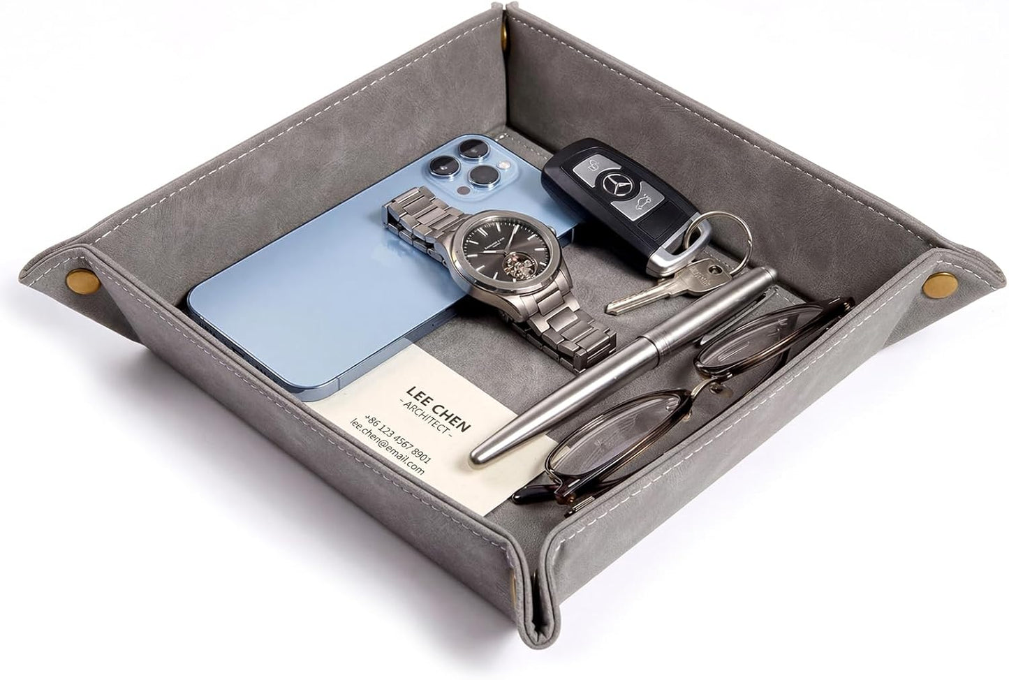 CoBak Leather Valet Tray for Men, Premium PU Leather Catch-All Tray for Entryway Table Key, Phone, Wallet, Coins & Jewelry, Bedside Nightstand Desk-top Catchall (Gray)