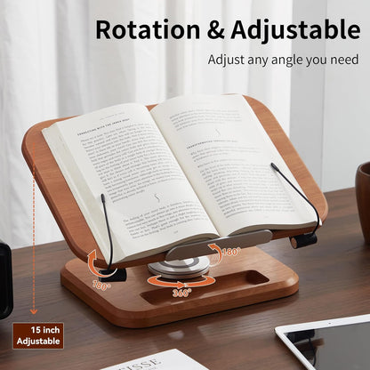 Book Stand for Reading, Mayhas Adjustable Book Holder with 360° Swivel Base&Page Clips, Foldable Desktop Stand for Cookbook, Fits All Books (Walnut, Wood Base)