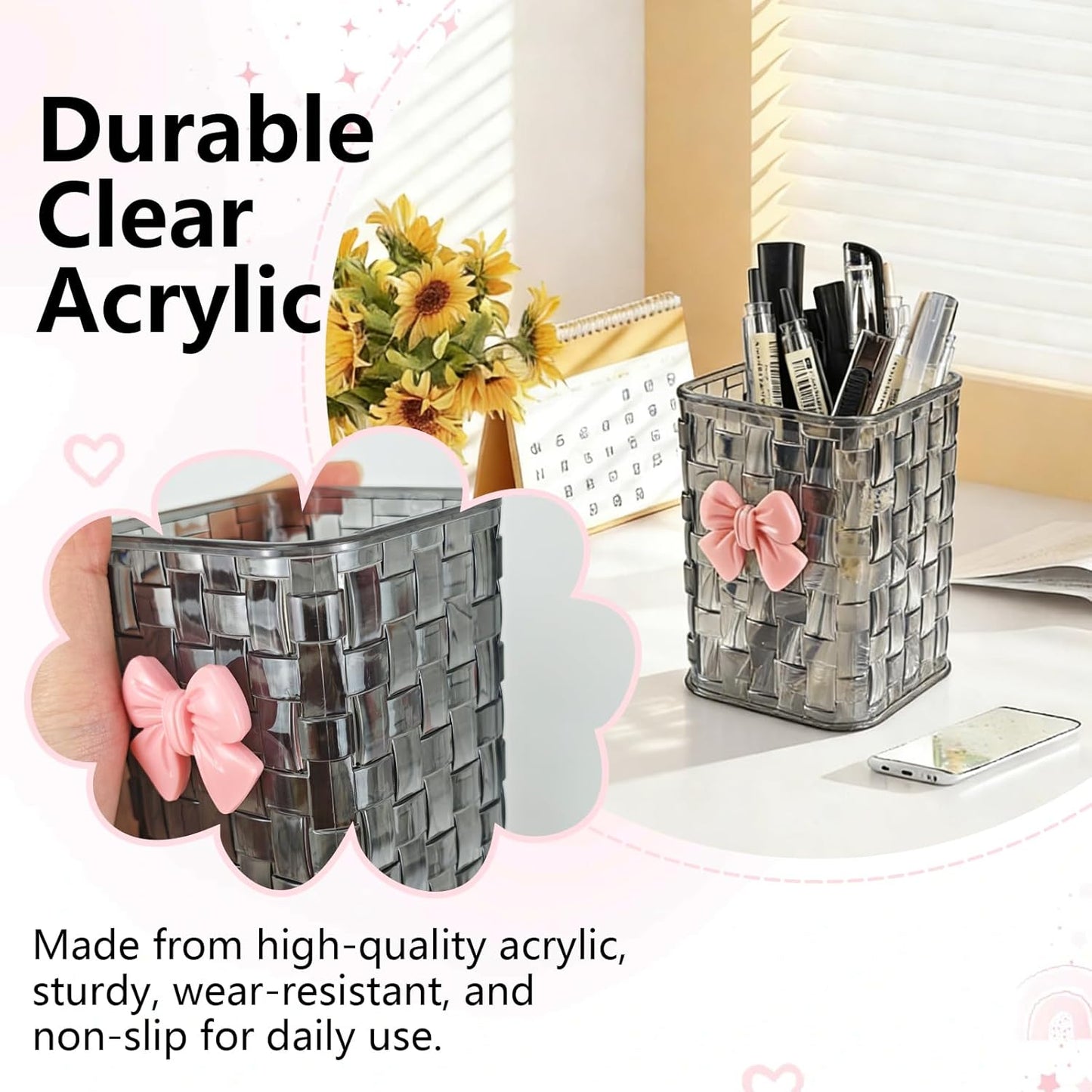 Nirvany Acrylic Pen Holder for Desk, Cute Clear Pencil Organizer & Makeup Brush Holder with Bow Back To School Accessories for Office, Home, School, Kitchen