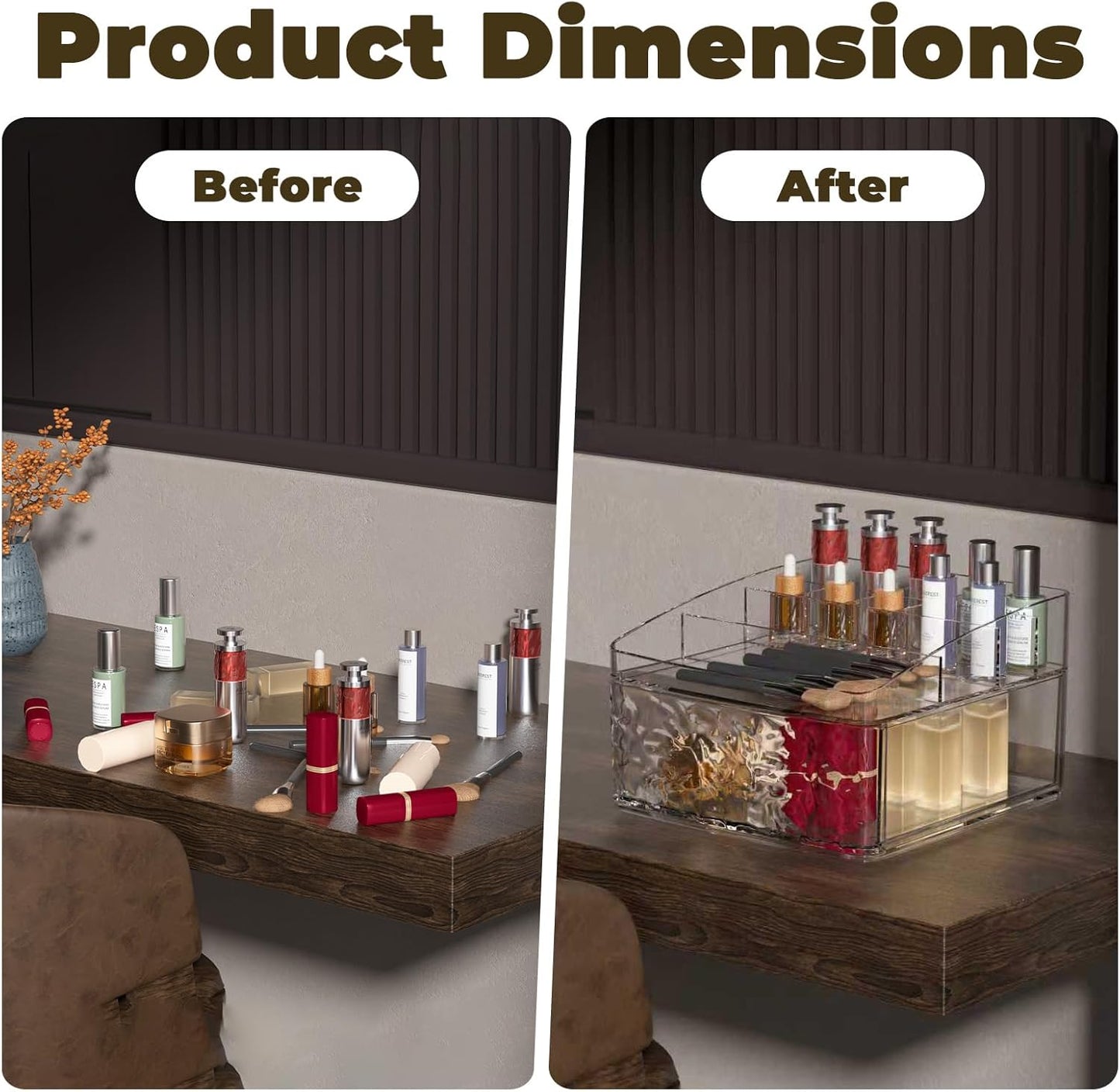 Clear Plastic Countertop Makeup Organizer Compact Rectangular 9-Section Grid with Pull-Out Drawer Dedicated for Brushes, Eyeshadow Palettes & Beauty Supplies