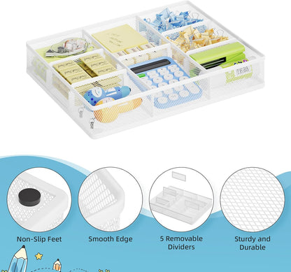 Marbrasse Desk Drawer Organizer, Metal Mesh Drawer Organizer Tray with 5 Adjustable Compartments,Desk Organizers and Accessories for Home,Office,Kitchen,Makeup,Vanity (Black)