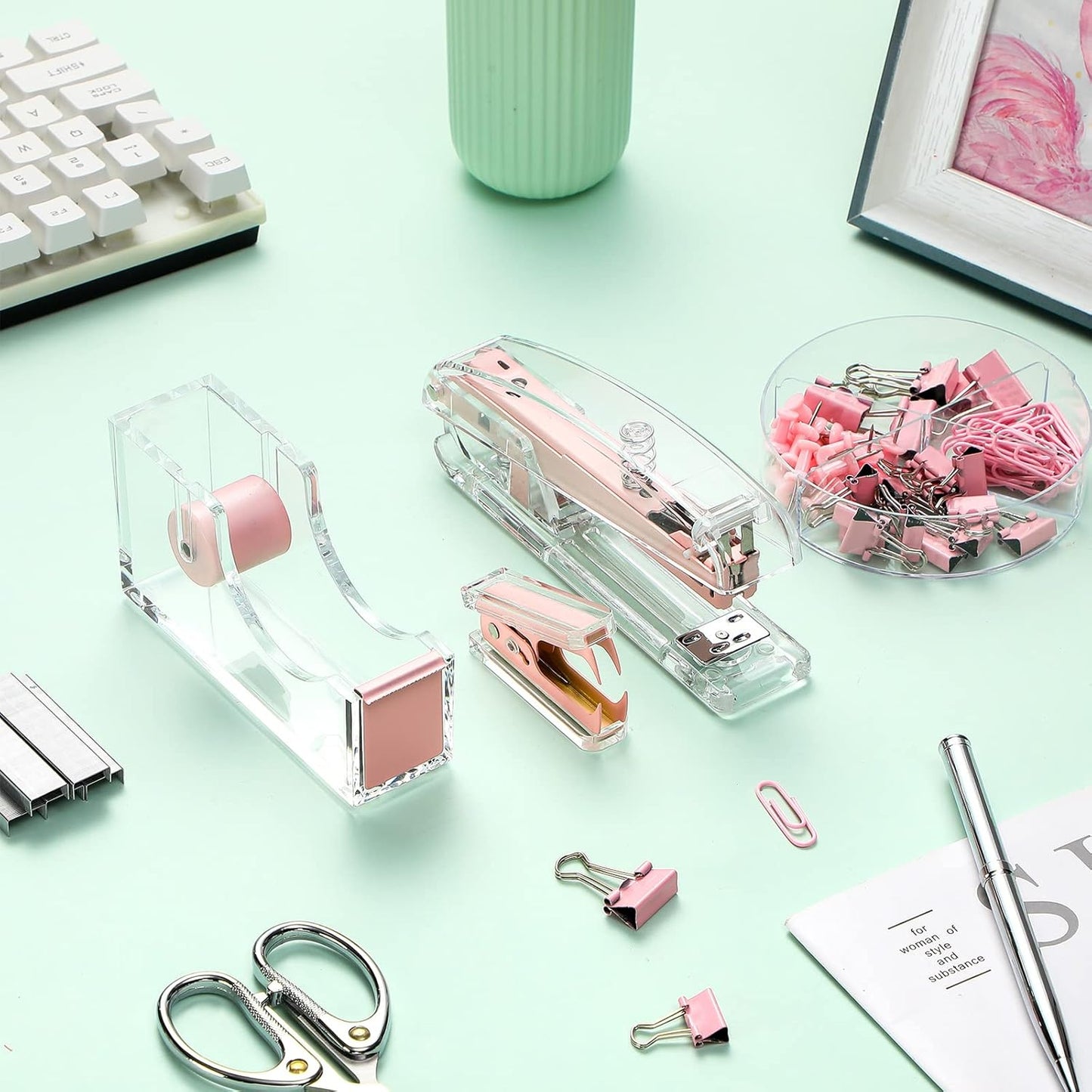 Office Supplies Set Desk Accessory Kit, Acrylic Stapler Set Staple Remover, Tape Dispenser, Binder Clips, Paper Clips, Ballpoint Pen and Scissor with 1000 Pieces 26/6 Staples (Silver)
