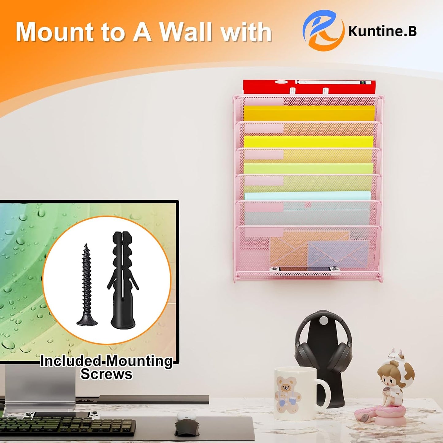 Kuntine.B Wall File Organizer Office Hanging Magazine Holder Wall File Organizer for Office Home (Black, 5 Tier)
